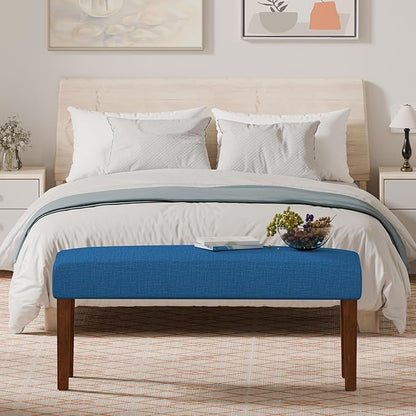 44" Bedroom Bench, Fabric End of Bed Bench, Entryway Benches, Upholstered Ottoman Bench with Wood Legs for Kitchen, Indoor, Living Room and Hallway (Blue)