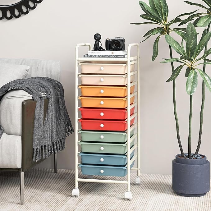 OFFICEJOY Storage Cart, Rolling Utility Cart with 10 Drawers, Portable Handles & Lockable Wheels, Mobile Paper Toys Storage Organizer Large Capacity for Home Office School Teacher (Macaron)