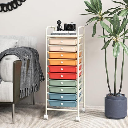OFFICEJOY Storage Cart, Rolling Utility Cart with 10 Drawers, Portable Handles & Lockable Wheels, Mobile Paper Toys Storage Organizer Large Capacity for Home Office School Teacher (Macaron)