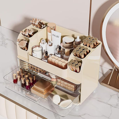 Delamu Large Makeup Organizer Countertop with 6 Brush Holders, Makeup Organizers for Vanity with 2 Large Drawers, Easy to Store Skincare, Lipsticks, Nail Polishes, Eyeshadow Palettes, Cream White