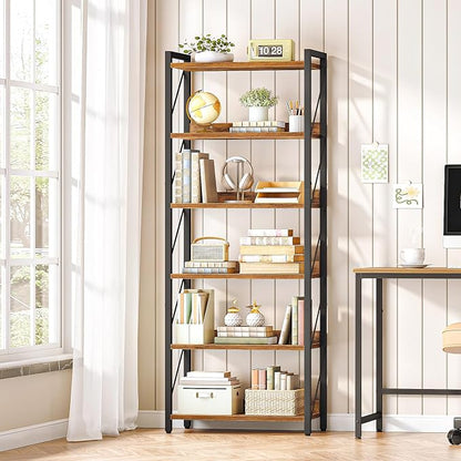 HOOBRO Bookshelf, 6-Tier Industrial Bookcase, Book Shelf Storage Organizer, Tall Bookshelf with Metal Frame for Living Room, Bedroom, Home Office, Kitchen, Rustic Brown and Black BF726SJ01