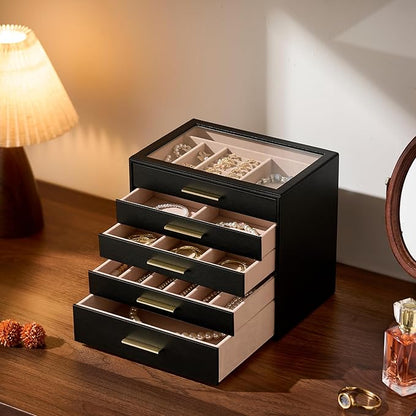 pickpiff Jewelry Box Organizer Case for Women: 5-Layer Jewelry Storage Case with Glass Window, Black Leather with Blush Velvet, Holder for Ring Necklace Bracelet Brooch Watch, Great Gift for Her