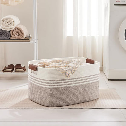 SunNewt 72L Large Laundry Basket with Leather Handles for Living Room Storage, Woven Rope Baskets Bin for Blanket, Kids Toy, Gifts, Wicker Hamper for Bedroom Dirty Clothes, 22"x17"x12" White Brown