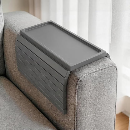 Grey Acacia Wood Couch Armrest Table, Couch Arm Tray, Foldable Anti-Slip Bamboo Couch Tray, Sofa Cup Holder for Drink Snacks Remote Control