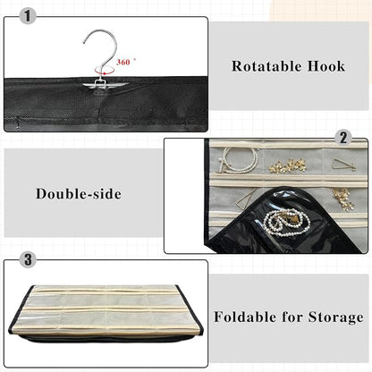 1 Pack Hanging Jewelry Organizer 80-Pocket Dual-sided Jewelry Storage for Earring Necklace Bracelet Ring Travel Holder, Black and Beige
