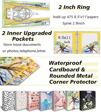2 Inch 3 Ring Binder Organizer, Three Ring Binder with Clipboard, 5-Tabs Pockets Dividers, Transparent Folder,18 Divider Stikers, BVSSX Decorative Binders for Letter Size 8.5"x11" Paper (Seasons Tree)