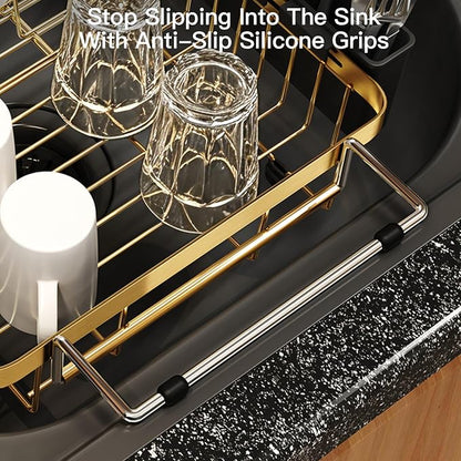 MAJALiS Gold Dish Drying Rack Over The Sink, Expandable Stainless Steel Dish Drainer for Small Kitchen Counter Space Saving, RV Compact Plate Strainer in Metal with Hanging Adjustable Utensil Holder