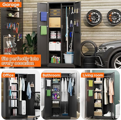 Aobabo Broom Closet Storage Cabinet, Lockable Garage Storage Cabinet for Home Garage, 71.41" H×31.53" W×15.74" D, Assembly Required, Black