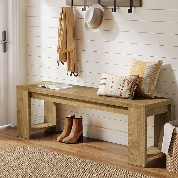 Tribesigns 47.2” Wooden Entryway Bench, Modern Farmhouse Shoe Bench for Hallway, Foyer, Bedroom, Rustic Brown