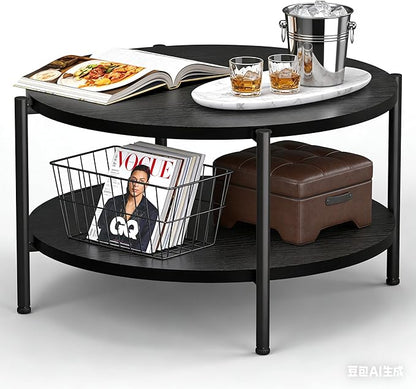 27.5x27.5x17.7in Round Coffee Table with 2 Tiers - Black Modern Coffee Table for Living Room, Small Space Friendly (Sturdy Metal Frame, Easy Assembly)