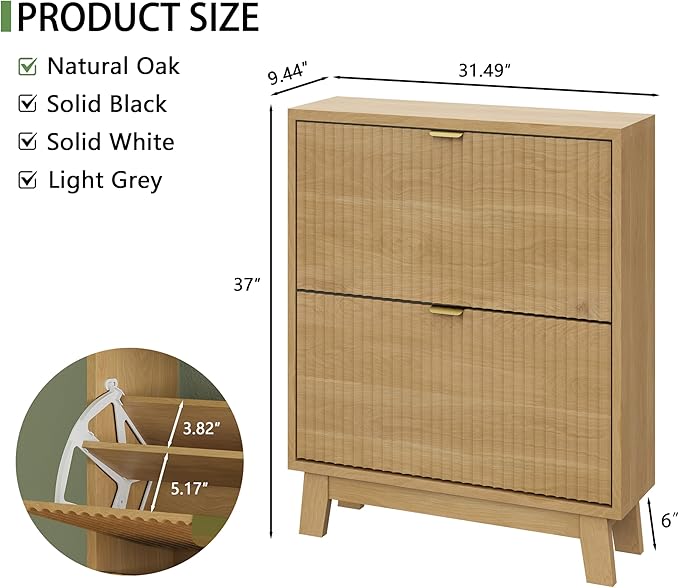 Shoe Cabinet with 2 Flip Drawers, 37" Tall Narrow Fluted Shoe Storage Organizer for Entryway, Hidden Slim Wooden Shoe Rack Cabinet for Front Door Entrance, Hallway, Living Room, Natural Oak