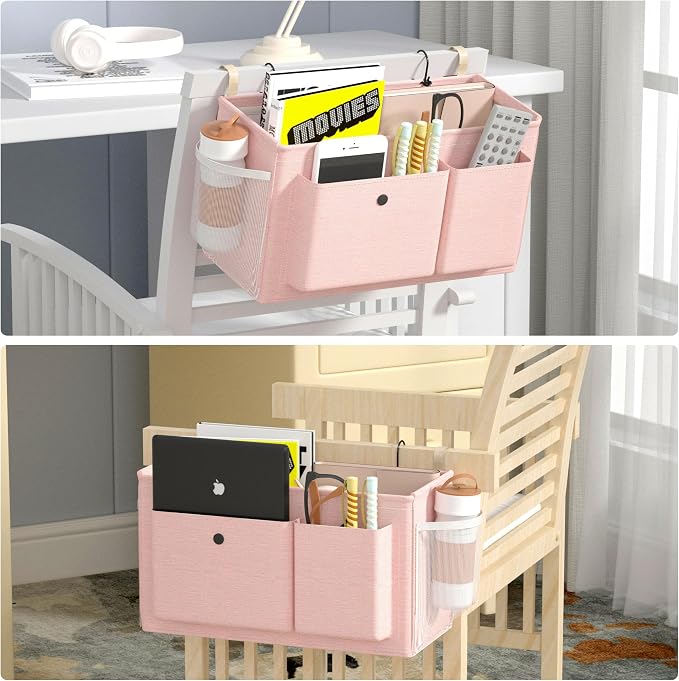 Edudif Bedside Caddy Bedside Organizer with Fixed Straps & Water Bottle Holder, Bunk Bed Caddy ideal for Home, Dorm, Hospital, Crib, Versatile Bedside Storage Solution