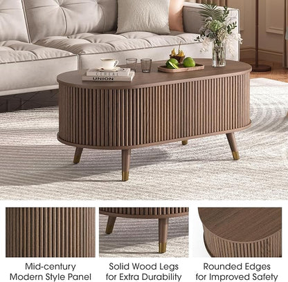 SULIVES Oval Coffee Table with Storage, Multifunctional Coffee Table with Lifting Top, Small Fluted Center Table for Living Room, Walnut