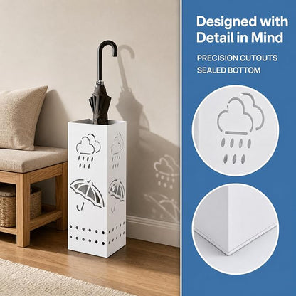 BEWBBAT Metal Umbrella Stand for Entryway, 6 x 6 x 17 Inch White Square Umbrella Organizer Bin, Free Standing Umbrella Holder,Walking Sticks, Home Office Decor