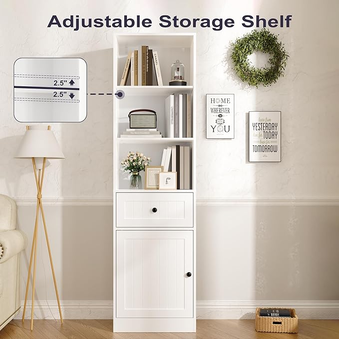 Farmhouse 71" Tall Bookshelf with Drawer, Narrow Bookcase with Adjustable Left/Right Door, Adjustable Shelf, Freestanding Display Book Shelf for Bedroom,Living Room, Office, White