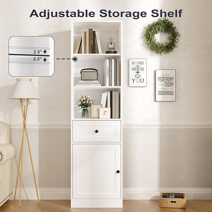 Farmhouse 71" Tall Bookshelf with Drawer, Narrow Bookcase with Adjustable Left/Right Door, Adjustable Shelf, Freestanding Display Book Shelf for Bedroom,Living Room, Office, White