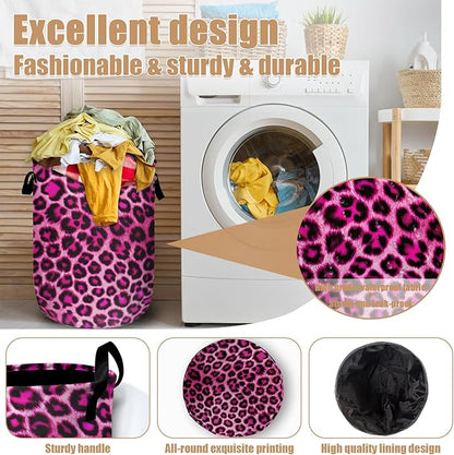 Pink Leopard Print Laundry Basket, Foldable Animal Skin Laundry Hamper Tote Bag Dirty Clothes Storage Bucket Toy Organizer for Bathroom/Laundry/Bedroom 15.7"x19.6"