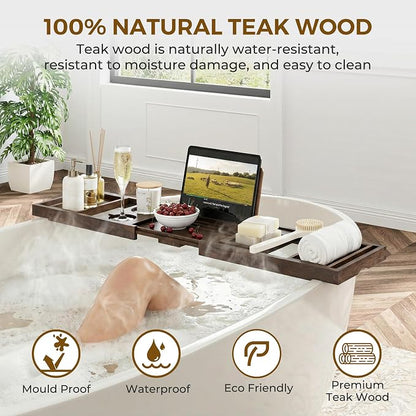 Venusmiles Teak Bathtub Tray Caddy, Foldable Bath Tray with Expandable Handles, Wine Glass and Phone Holders, Book Stand, for Home Spa Relaxation, Luxury Bathroom Accessories - Dark Walnut Color