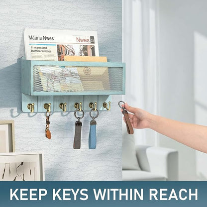 Rebee Vision Pine Wood Key Holder Wall Mount – Key Holder for Wall with Hooks and Mail Basket for Entryway – Home Improvement Gift Wooden Storage Shelf for Keys & Letters (Blue)