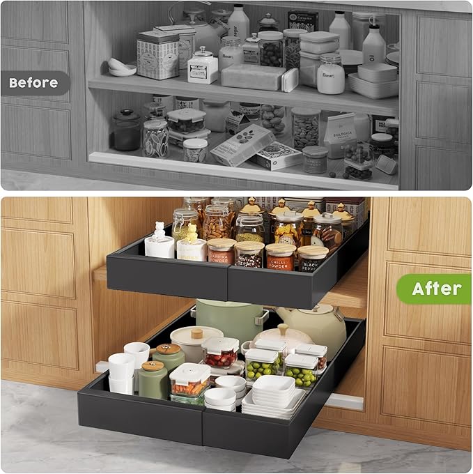 Seinloes 4 Pack Pull Out Cabinet Organizers 21" Deep With Raising Pad for Framed Cabinets, Expandable Width (9"-14") Slide Out Drawers Upgrade 3 Slide Rails, Roll Out Shelves Adhesive, Black