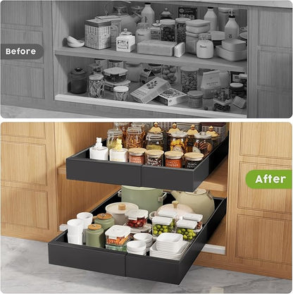 Seinloes 4 Pack Pull Out Cabinet Organizers 21" Deep With Raising Pad for Framed Cabinets, Expandable Width (9"-14") Slide Out Drawers Upgrade 3 Slide Rails, Roll Out Shelves Adhesive, Black