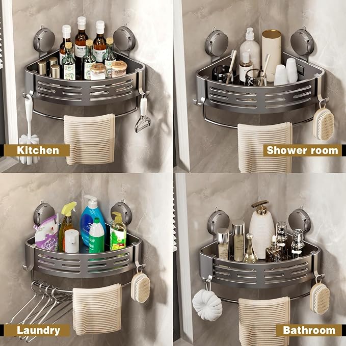 VOLPONE Corner Shower Caddy Suction Cup Shower Shelf Corner No Drilling Bathroom Shower Organizer Storage Rack Adhesive with Towel Bar Hooks (2-Pack,Gray)