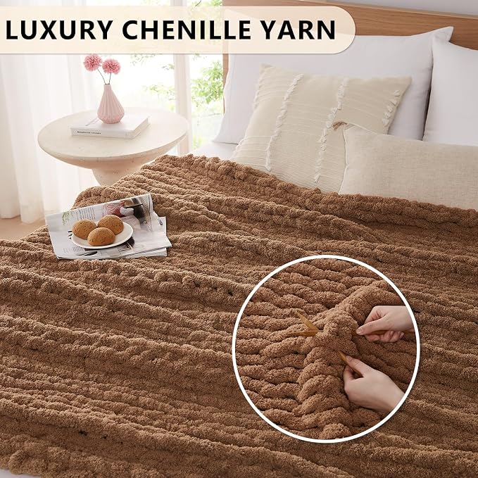 L'AGRATY Chunky Knit Blanket Throw: 50''x60'' Chenille Chunky Knitted Throw Blankets for Bed Couch - Handmade Thick Big Cable Knit Blanket - Large Crochet Rope Blankets for Home Decor(Brown)