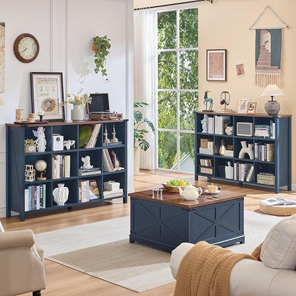 12 Cube Storage Organizer, Farmhouse 62 Inch Wide Navy Blue Display Bookshelf, Wooden 3 Tier Large Open Book Shelf, Vintage Bookcase for Home Office, Cubby Cabinet for Living Room, Bedroom