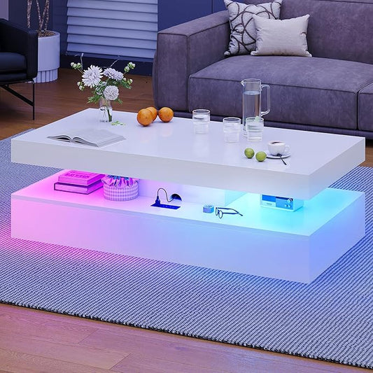 47” High-Glossy LED Coffee Table with 2 Sliding Drawers, Living Room Storage Coffee Tables, Modern Stylish Double-Layer Center Tables with LED Lights, White