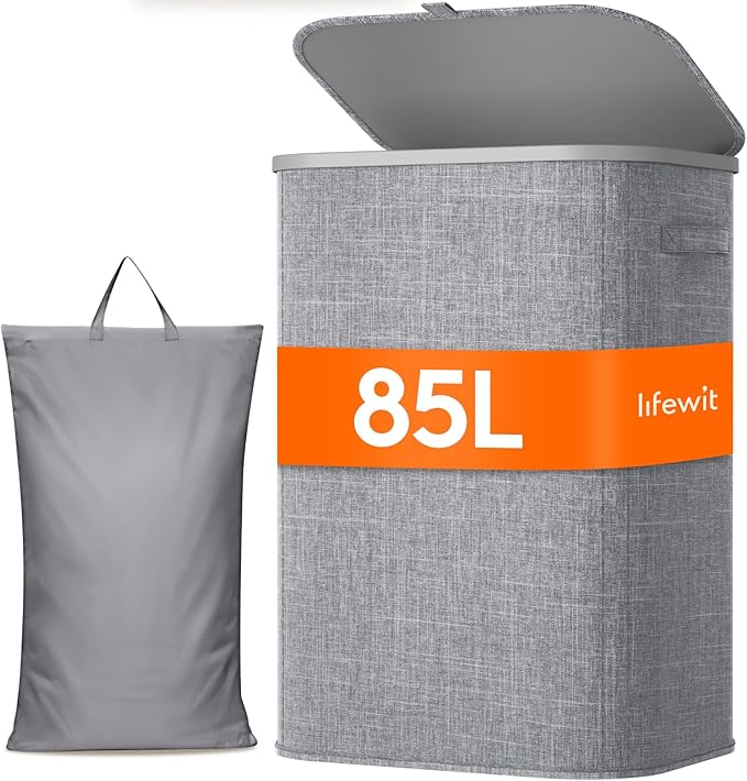 Lifewit 85L Laundry Basket with Lid, Large Laundry Hamper with Plastic Handles and Removable Bag, Foldable Tall Dirty Clothes Hampers for Laundry for Laundry Room, Bedroom, Bathroom, Dorm, Light Gray