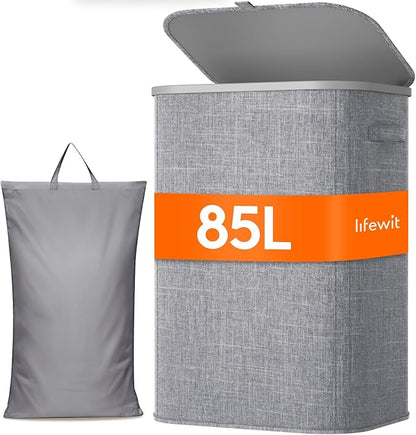 Lifewit 85L Laundry Basket with Lid, Large Laundry Hamper with Plastic Handles and Removable Bag, Foldable Tall Dirty Clothes Hampers for Laundry for Laundry Room, Bedroom, Bathroom, Dorm, Light Gray