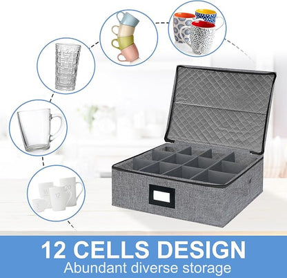 homyfort Mug Coffee Storage Box with Dividers - Stackable Glass China Storage Containers Hard Shell with Lid, Label and Handles, Holds 12 Coffee Mugs and Tea Cups (Dark Grey)