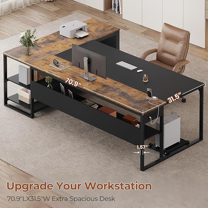 71" Executive Desk, Large Office Desk with Widen File Drawers & Power Outlets, Reversible L Shaped Computer Desk Corner Desk with Storage Shelves, CPU Stand, Hooks, Business Furniture