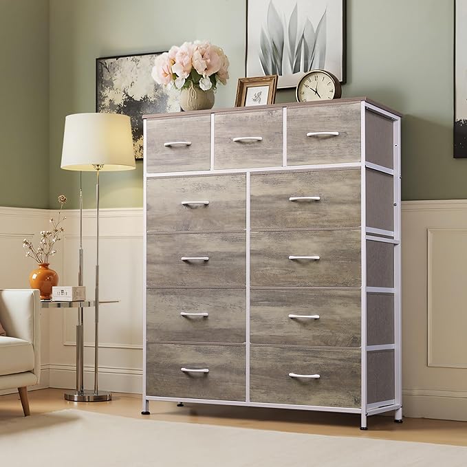 Tall Console Table with 11 Fabric Drawers, Entryway Table with Storage, Tall Storage Organizer with Wood Top, Steel Frame for Living Room, Hallway, Office, Greige