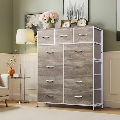 Tall Console Table with 11 Fabric Drawers, Entryway Table with Storage, Tall Storage Organizer with Wood Top, Steel Frame for Living Room, Hallway, Office, Greige