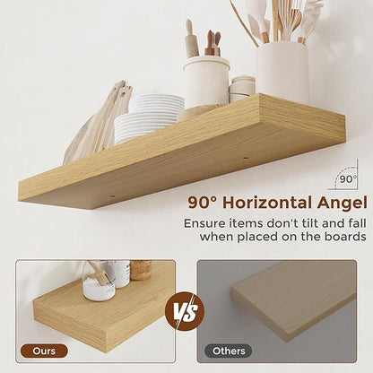 Heimlove 36 Inch Floating Shelves for Wall 8 Inch Deep Oak Shelves Set of 2,Wall Mounted Rustic Wood Long Floating Shelf with Invisible Brackets for Bedroom Kitchen Living Room