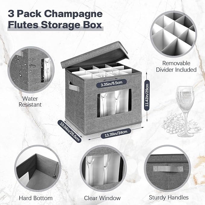 Norme 3 Pack Wine Glasses Storage Box with Dividers, 12 Compartments Stemware Storage Cases Champagne Flute Box with Lid Handle Window China Container Organizer for Moving(Champagne Flute Size,Gray)