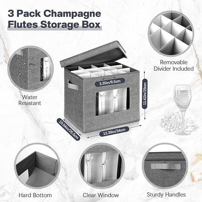 Norme 3 Pack Wine Glasses Storage Box with Dividers, 12 Compartments Stemware Storage Cases Champagne Flute Box with Lid Handle Window China Container Organizer for Moving(Champagne Flute Size,Gray)