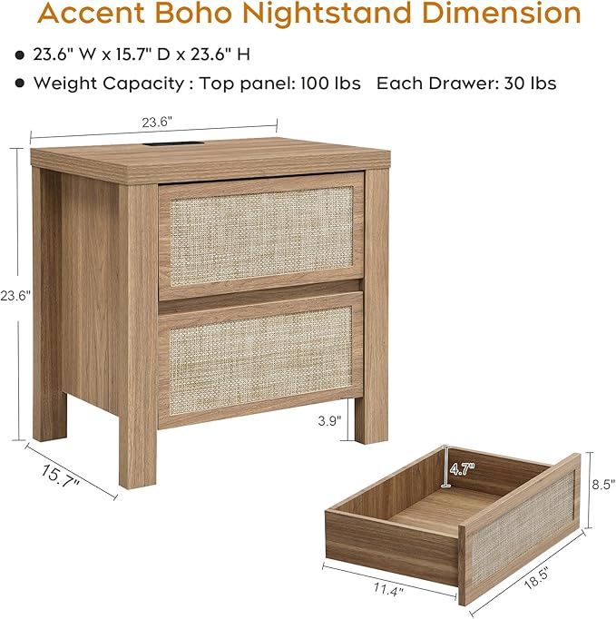 XIAO WEI Rattan Nightstand with Charging Station, Boho Bedside Table with 2 Drawers, Farmhouse End Table for Bedroom, Wood Accent Bed Side Table with Storage, Reclaimed Light Oak