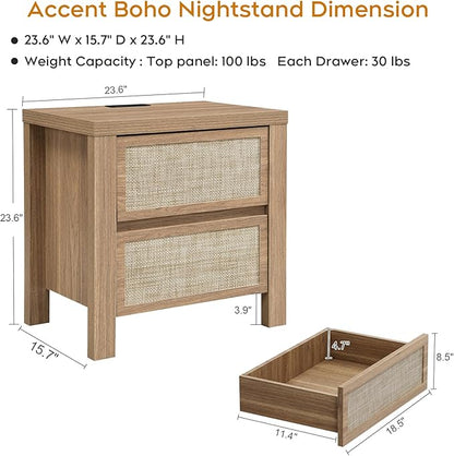 XIAO WEI Rattan Nightstand with Charging Station, Boho Bedside Table with 2 Drawers, Farmhouse End Table for Bedroom, Wood Accent Bed Side Table with Storage, Reclaimed Light Oak
