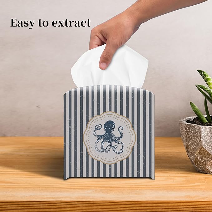 Grace Yonks Cute Octopus Tissue Box Cover Square, Striped Cube Case for Facial Tissues, 5.2" PU Leather(066)