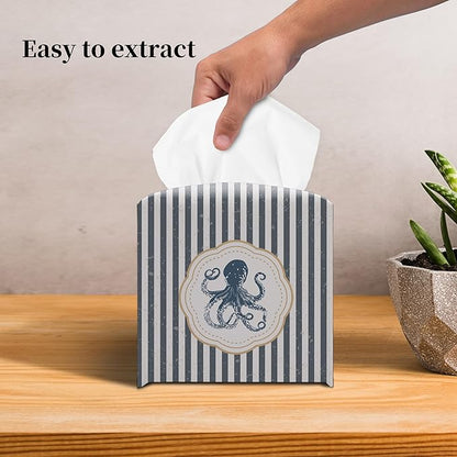 Grace Yonks Cute Octopus Tissue Box Cover Square, Striped Cube Case for Facial Tissues, 5.2" PU Leather(066)