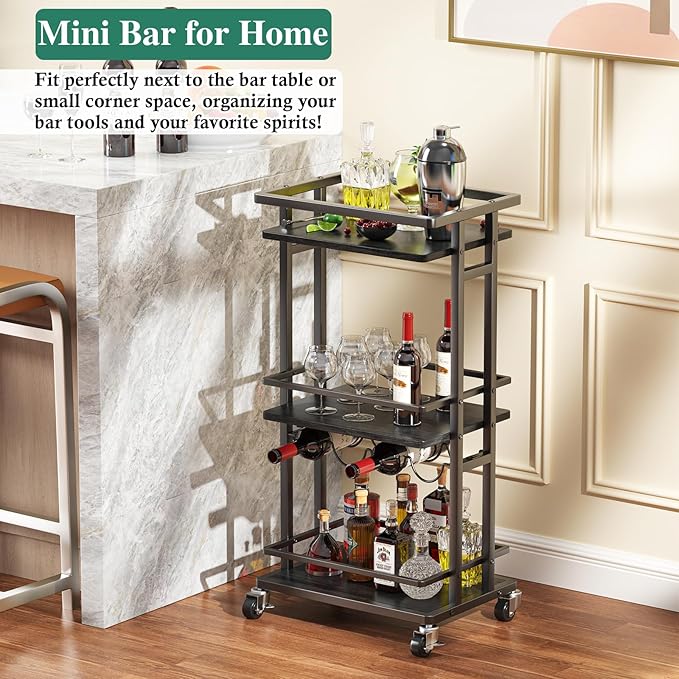 3-Tier Liquor Cabinet with Wine Rack, Mini Bar Cart for Home, Small Liquor Bar Cabinet for Alcohol, Rolling Kitchen Serving Cart on Wheels, Wine Drink Cart for Party, Bar Stand for Small Space