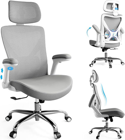 Ergonomic Office Chair-Computer X-Shaped Chair Mesh PU Leather with Adjustable Lumbar Support-Executive Desk Chair High Back with Headrest Flip-Up Arms for Long Hours (White-Grey)