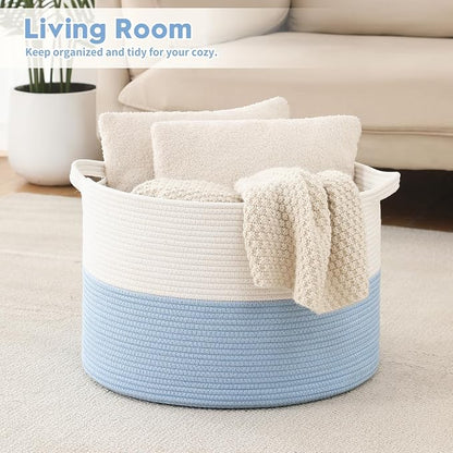 Foldable Laundry Hamper Basket with Collapsible Handle Cotton Rope Soft Woven Fabric Storage Organizer Clothes Toys Nursery Bedroom Dorm Space Saving Bin (White & Blue, 115L(23.6"D x 15.7"H))