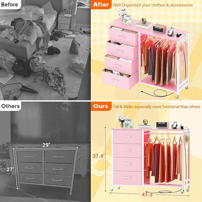 Cyclysio Dresser with Hanging Rack, 4 Fabric Drawers Dresser with Clothes Rack, Wooden Top Storage Chest of Drawers with Charging Station & LED Lights, Lockable Wheels, Closet