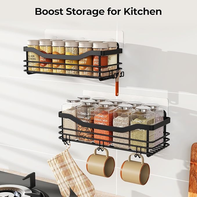 Orimade Shower Caddy Basket Shelf Storage Rack, No Drilling Wall Mounted Adhesive Rust Resistant Stainless Steel Shower Organizer with 5 Hooks for Bathroom, Black 2 Pack