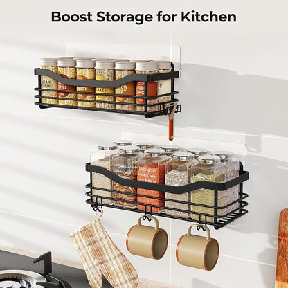 Orimade Shower Caddy Basket Shelf Storage Rack, No Drilling Wall Mounted Adhesive Rust Resistant Stainless Steel Shower Organizer with 5 Hooks for Bathroom, Black 2 Pack