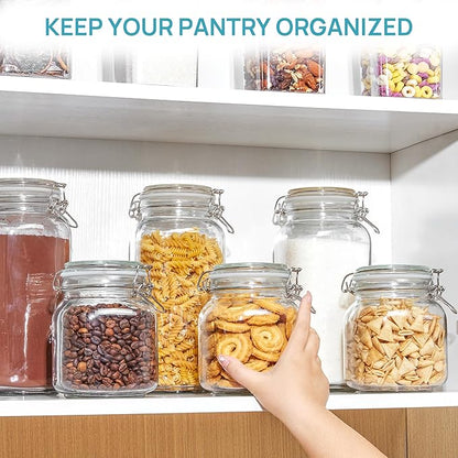Vtopmart 78oz Glass Food Storage Jars with Airtight Clamp Lids, 3 Pack Large Kitchen Canisters for Flour, Sugar, Cereal, Coffee, Pasta and Canning, Square Mason Jars with 8 Reusable Labels