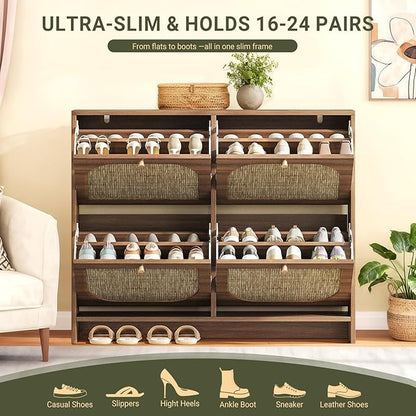 Nicetree Freestanding Ultra Slim Fluted Accent Shoe Storage Cabinet for Entryway - 4 Flip Drawers & 3-Tier Adjustable Shelves, Farmhouse Modern Rustic Shoe Rack for Hallway, Foyer, Living Room
